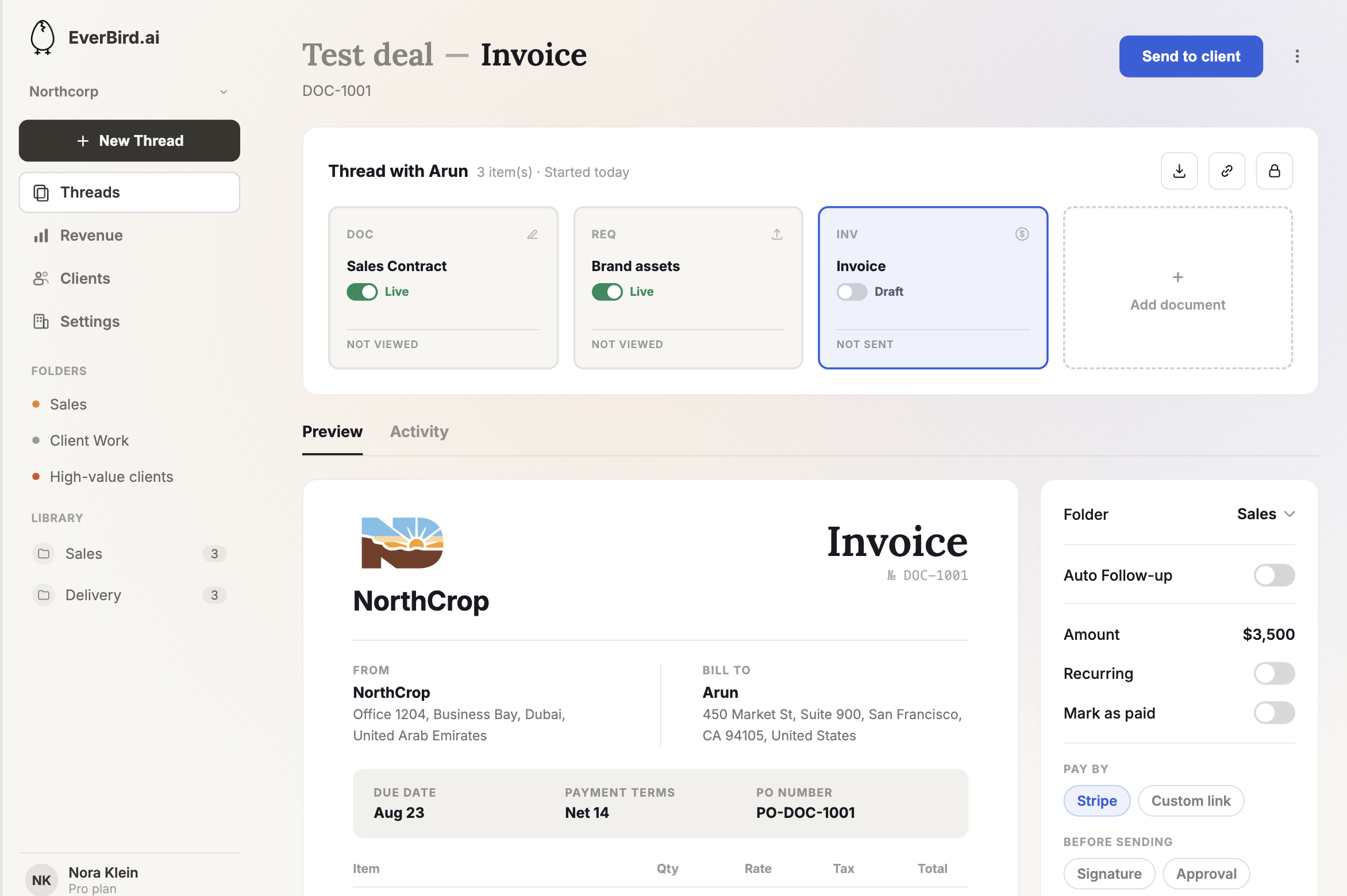 EverBird — a client thread with sales contract, brand assets request and invoice, with live invoice preview and send controls