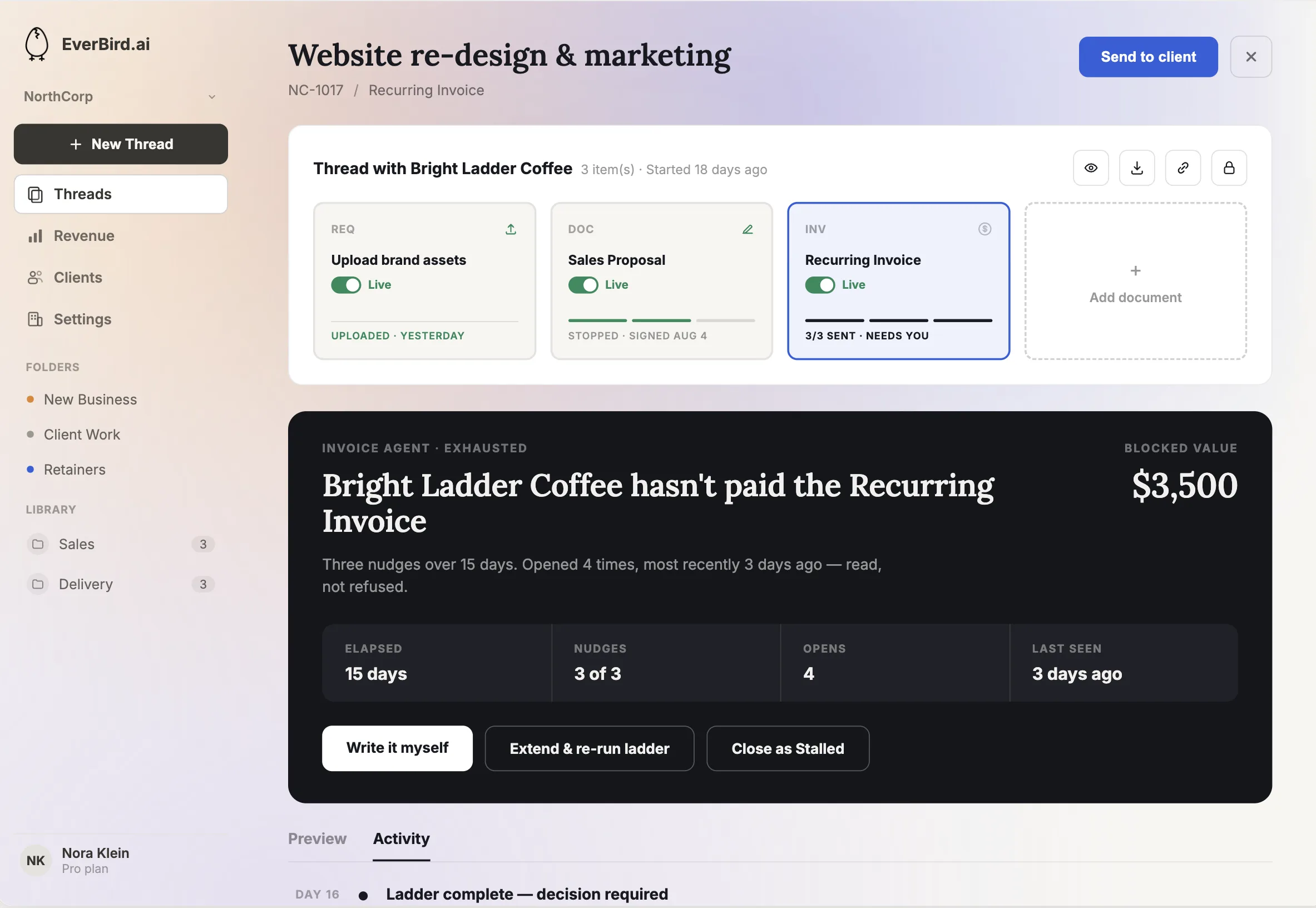 EverBird agent follow-up — the automatic reminder EverBird sends to chase a client on an open document