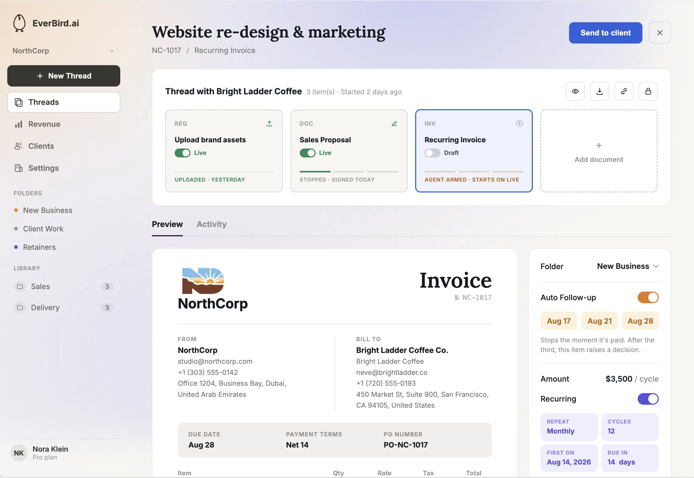 EverBird thread — a client deal holding the sales contract, brand-assets request and invoice, with live invoice preview and send controls