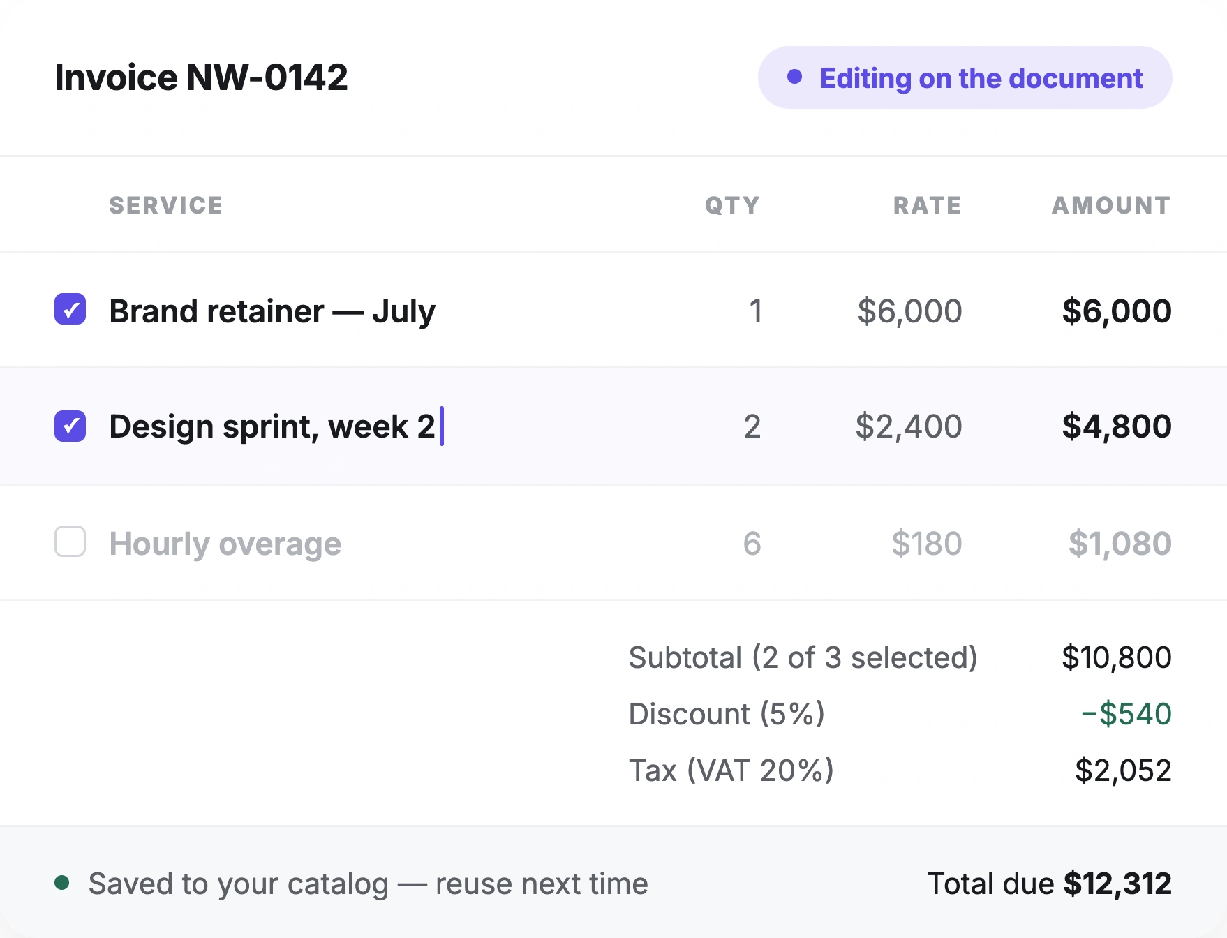 Invoice being edited directly on the document: line items with checkboxes, an in-place text caret, and live subtotal, discount, tax and total